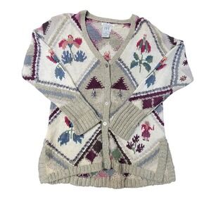 EUC IVY Hand Knit Cardigan Sweater Vintage Floral Geometric Cottage VNeck Small